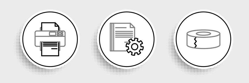 Set line Scotch, Printer and Document settings with gears icon. Vector Illustrazione stock