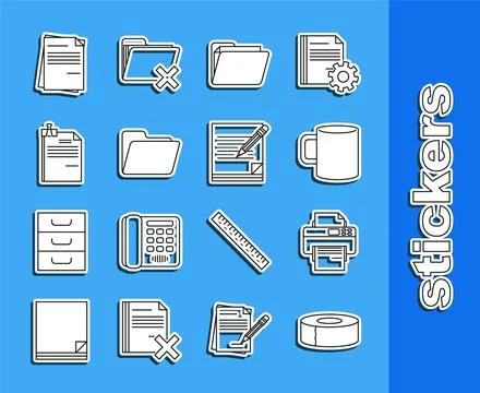 Set line Scotch, Printer, Coffee cup flat, Document folder, File document a.. Stock Illustration