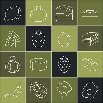 Set line Scrambled egg, Bread loaf, Piece of cake, Burger, Muffin, Slice pizza Illustrazione stock