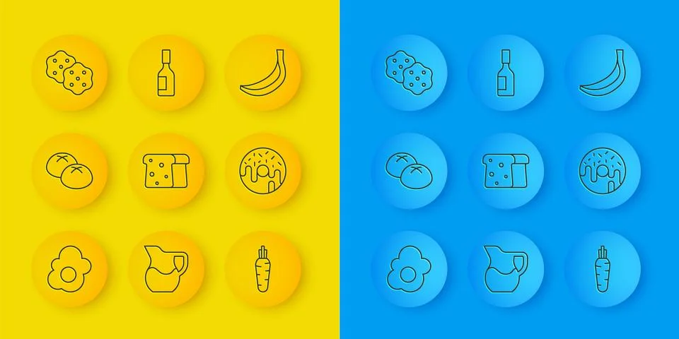 Set line Scrambled egg, Bread loaf, toast, Carrot, Donut, Cracker biscuit, .. Stock Illustration