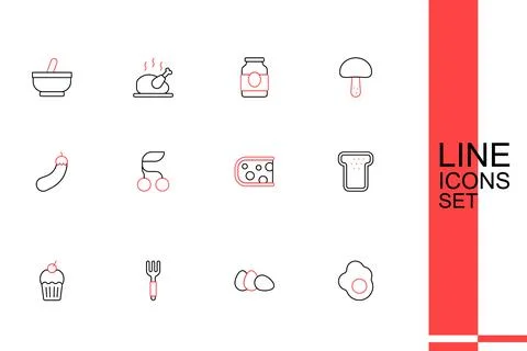 Set line Scrambled egg Chicken Fork Muffin Bread toast Cheese Fresh berries a Stock Illustration