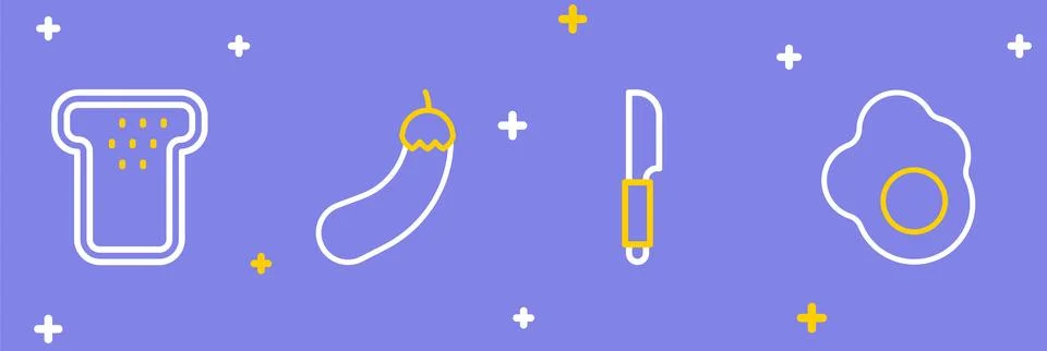Set line Scrambled egg, Knife, Eggplant and Bread toast icon. Vector Stockillustratie