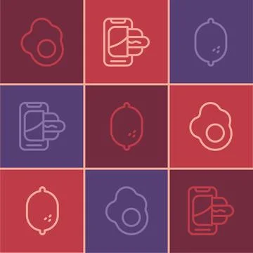 Set line Scrambled egg, Lemon and Food ordering mobile icon. Vector Illustration