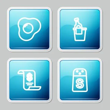 Set line Scrambled eggs, Champagne in an ice bucket, Paper or financial check Stock-Illustration