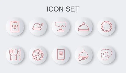 Set line Scrambled eggs, Fork, spoon and knife, Wooden table, Covered with tray Illustrazione stock