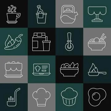 Set line Scrambled eggs, Frying pan, Asian noodles bowl, Kettle with handle,  Illustration