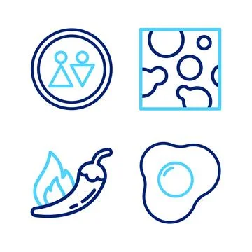 Set line Scrambled eggs, Hot chili pepper pod, Cheese and Toilet icon. Vector Stock Illustration