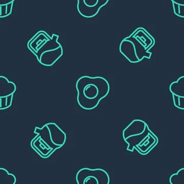 Set line Scrambled eggs, Kettle with handle and Cupcake on seamless pattern Illustration