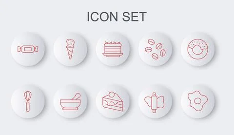 Set line Scrambled eggs, Kitchen whisk, Cake, Rolling pin on dough, Candy, Ice Stock-Illustration