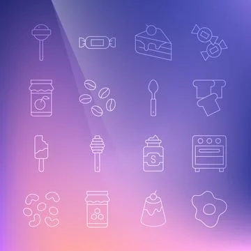 Set line Scrambled eggs, Oven, Bread toast, Piece of cake, Coffee beans, Jam  Stock Illustration