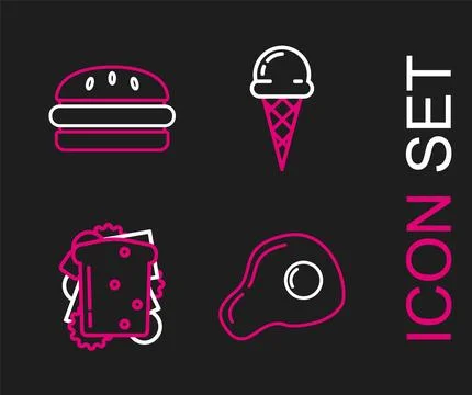 Set line Scrambled eggs, Sandwich, Ice cream in waffle cone and Burger icon Stock-Illustration