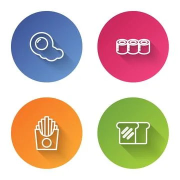 Set line Scrambled eggs, Sushi, Potatoes french fries in box and Bread toas.. Stock Illustration