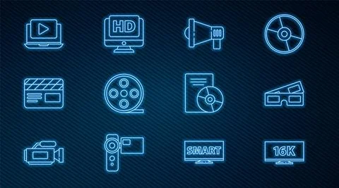 Set line Screen tv with 16k, 3D cinema glasses, Megaphone, Film reel, Movie Illustrazione stock