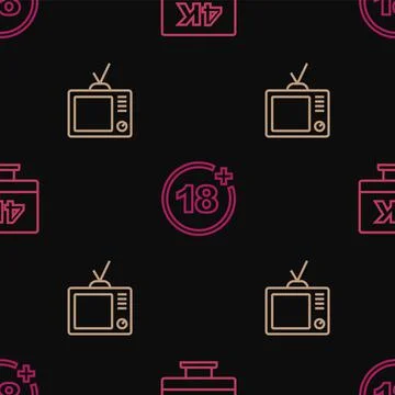 Set line Screen tv with 4k, Retro and Plus 18 movie on seamless pattern. Vector Stock Illustration