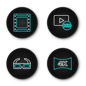 Set line Screen tv with 4k, 3D cinema glasses, Hd movie, tape, frame and Pl.. Stock-Illustration