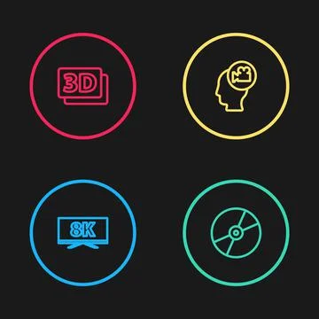 Set line Screen tv with 8k, CD or DVD disk, Head camera and 3D word icon. Vector Stock Illustration