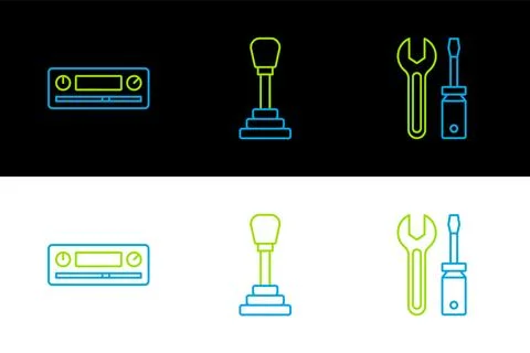 Set line Screwdriver and wrench spanner, Car Audio and Gear shifter icon. V.. Stock Illustration