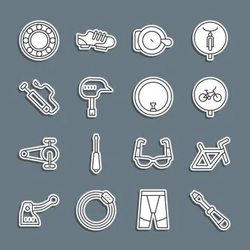 Set line Screwdriver, Bicycle frame, bell, helmet, air pump, ball bearing and Stock Illustration