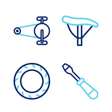 Set line Screwdriver, Bicycle wheel tire, seat and chain with gear icon. Vector Illustrazione stock