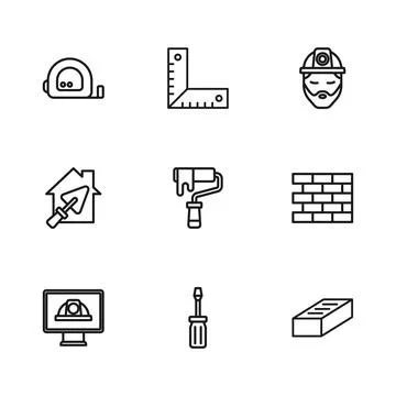 Set line Screwdriver, Bricks, Paint roller brush, Builder, Roulette constru.. Stock Illustration
