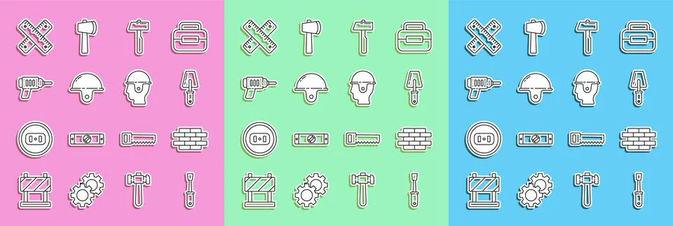 Set line Screwdriver, Bricks, Trowel, Hammer, Worker safety helmet, Electric Stock Illustration