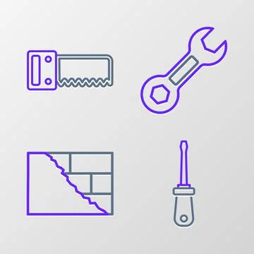 Set line Screwdriver, Bricks, Wrench spanner and Hand saw icon. Vector Illustrazione stock