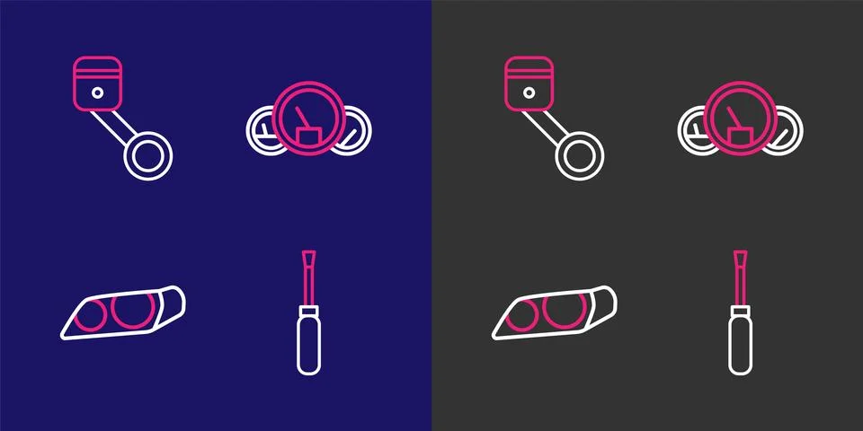 Set line Screwdriver, Car headlight, Speedometer and Engine piston icon. Vect Stock Illustration