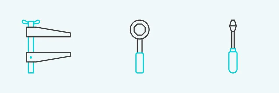 Set line Screwdriver, Clamp tool and Wrench spanner icon. Vector Illustrazione stock