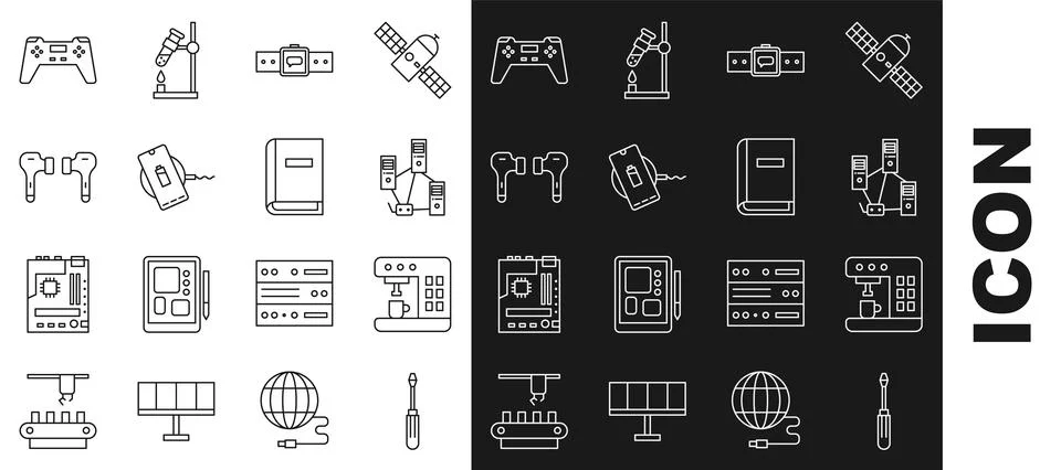 Set line Screwdriver, Coffee machine, Computer network, Smartwatch, Wireles.. Stockillustratie