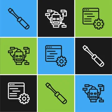 Set line Screwdriver, Computer api interface and Robot icon. Vector イラスト素材