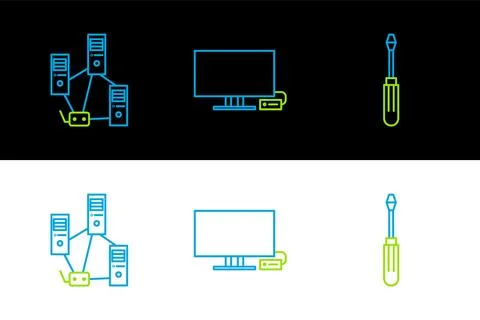 Set line Screwdriver, Computer network and Smart Tv icon. Vector Stock Illustration