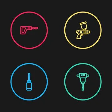 Set line Screwdriver, Construction jackhammer, Paint spray gun and Reciprocating Stock Illustration