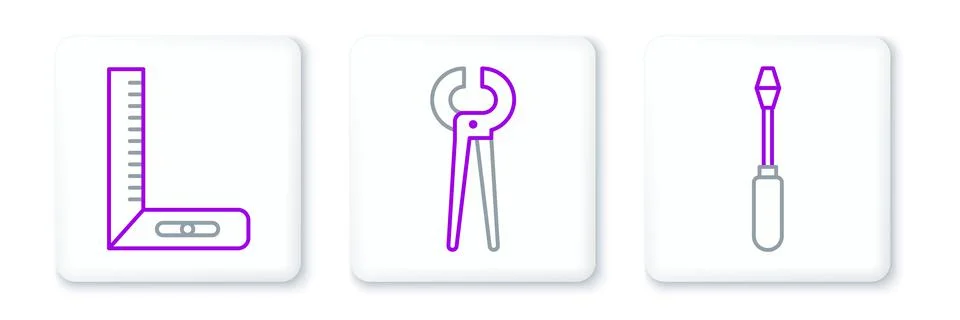 Set line Screwdriver, Corner ruler and Pincers and pliers icon. Vector Stock Illustration