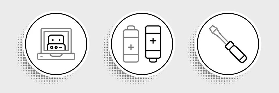 Set line Screwdriver, Creating robot and Battery icon. Vector Stock Illustration