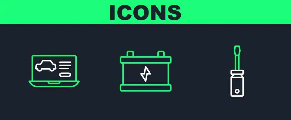Set line Screwdriver, Diagnostics condition of car and Car battery icon. Vect Stock Illustration