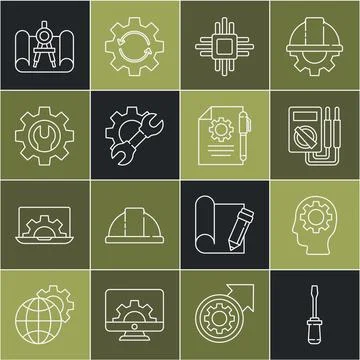 Set line Screwdriver, Human head with gear inside, Multimeter, Processor mi.. Stock Illustration