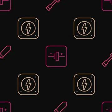 Set line Screwdriver, Lightning bolt and DC voltage source on seamless patter Stock Illustration