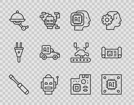 Set line Screwdriver, Processor with microcircuits CPU, Humanoid robot, Robot Stockillustratie