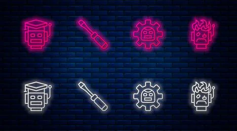Set line Screwdriver, Robot, and burned out. Glowing neon icon on brick wall Illustrazione stock