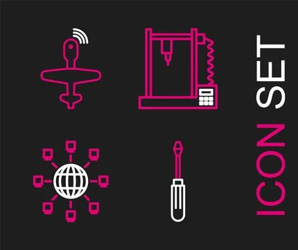 Set line Screwdriver, Social network, 3D printer and UAV Drone icon. Vector Stock Illustration
