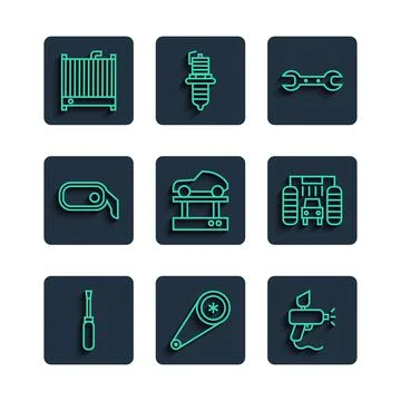 Set line Screwdriver, Timing belt kit, Paint spray gun, Wrench spanner, Repair Stock Illustration