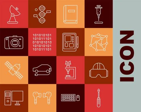 Set line Screwdriver, Virtual reality glasses, Neural network, User manual Illustrazione stock