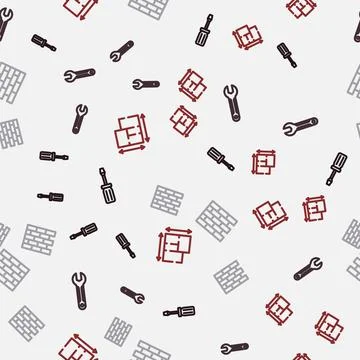 Set line Screwdriver, Wrench spanner, Bricks and House plan on seamless pattern Stock Illustration