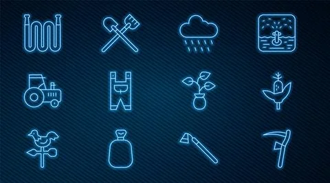 Set line Scythe, Corn, Cloud with rain, Garden worker clothes, Tractor, hos.. Stock Illustration