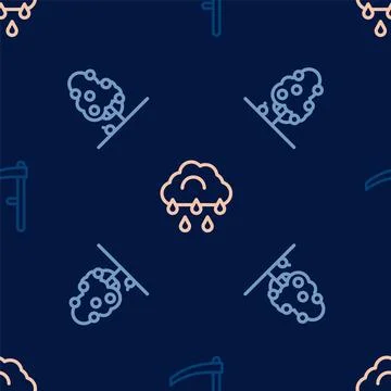 Set line Scythe, Fruit tree and Cloud with rain on seamless pattern. Vector Illustrazione stock