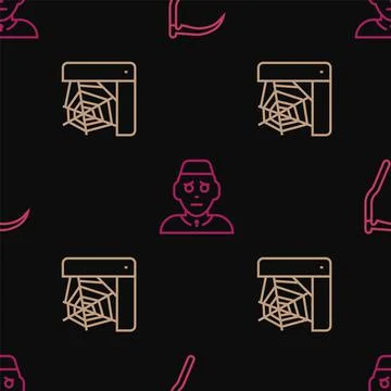 Set line Scythe, Spider web and Priest on seamless pattern. Vector 스톡 일러스트
