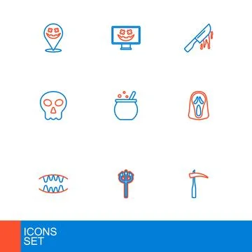 Set line Scythe, Trident devil, Vampire teeth, Funny and scary ghost mask, .. Illustrazione stock