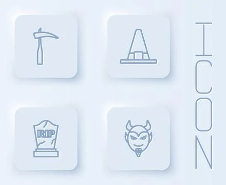 Set line Scythe, Witch hat, Tombstone with RIP written and Devil head. White Stock Illustration