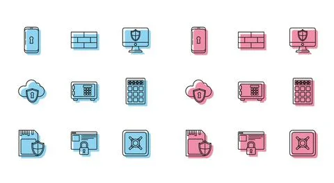 Set line SD card and shield, Secure your site with HTTPS, SSL, Smartphone lock Ilustração Stock