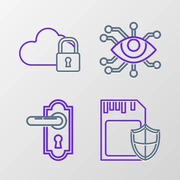 Set line SD card and shield Door handle Eye scan and Cloud computing lock ico イラスト素材
